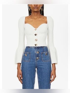 SELF-PORTRAIT Button-Embellished Ribbed Knitted Top size Large